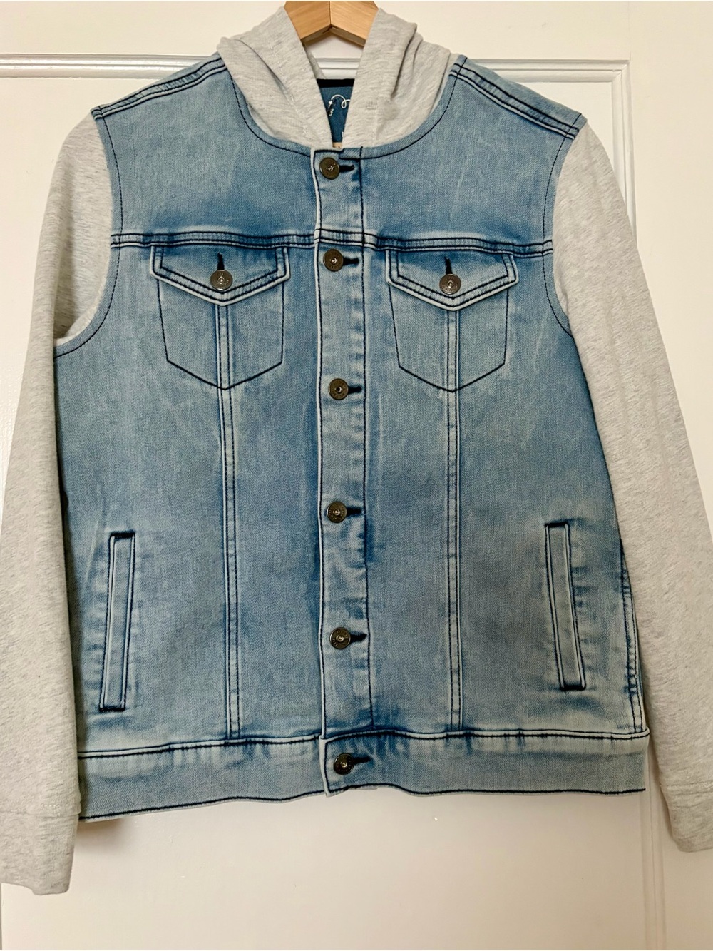 art class Light Blue Denim Jacket with Gray Hoodie Sleeves